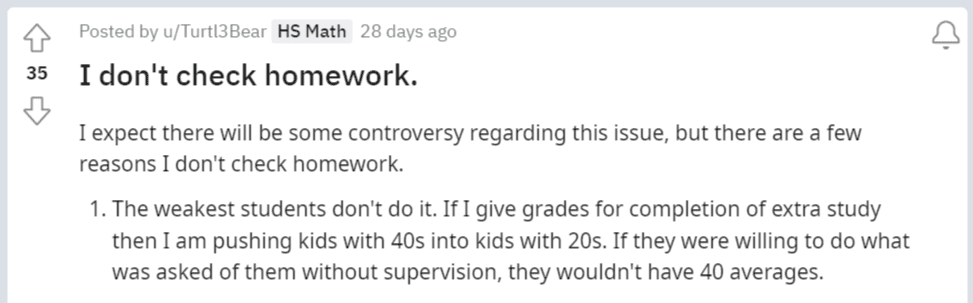 Math subReddit - Teacher Stops Giving Homework